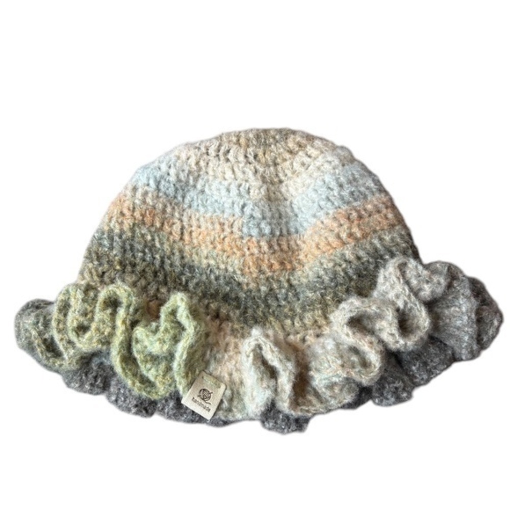 Handcrafted Crochet Ruffle Bucket Hat Green Orange Handmade By Seller Knit